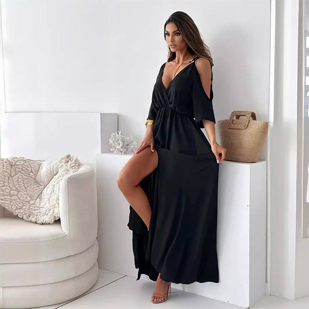Women's V-Neck Cold-Shoulder Side-Slit Maxi Formal Dress