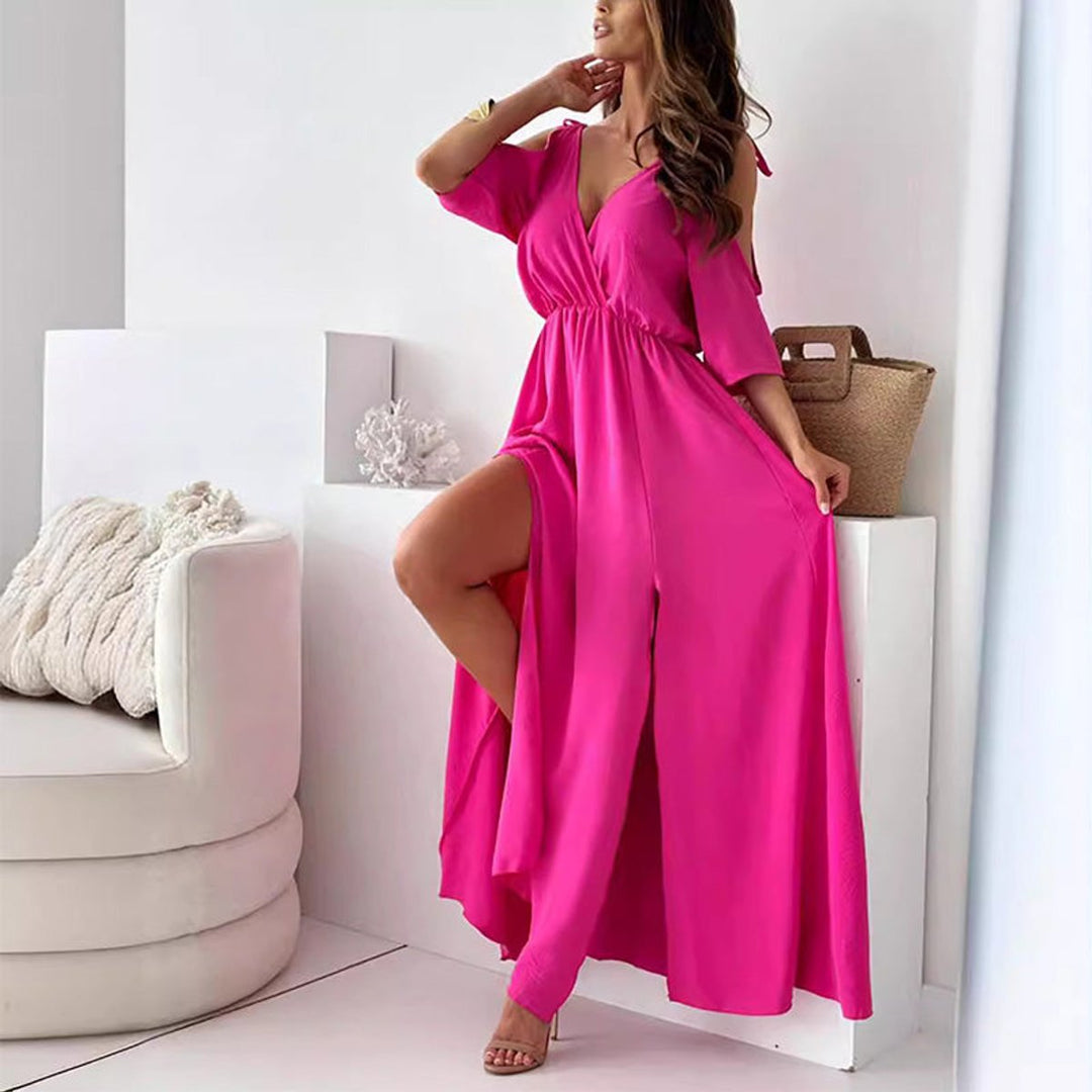 Women's V-Neck Cold-Shoulder Side-Slit Maxi Formal Dress