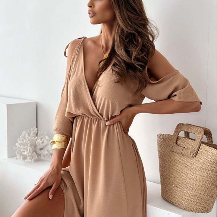 Women's V-Neck Cold-Shoulder Side-Slit Maxi Formal Dress