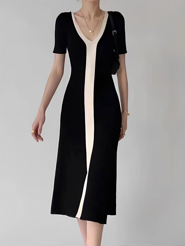 Women's V-Neck Color Block Knit Midi Fall Wedding Guest Dress