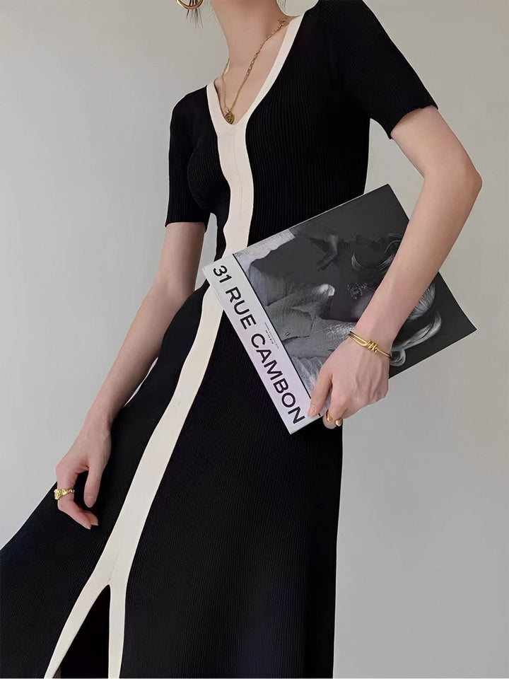 Women's V-Neck Color Block Knit Midi Fall Wedding Guest Dress