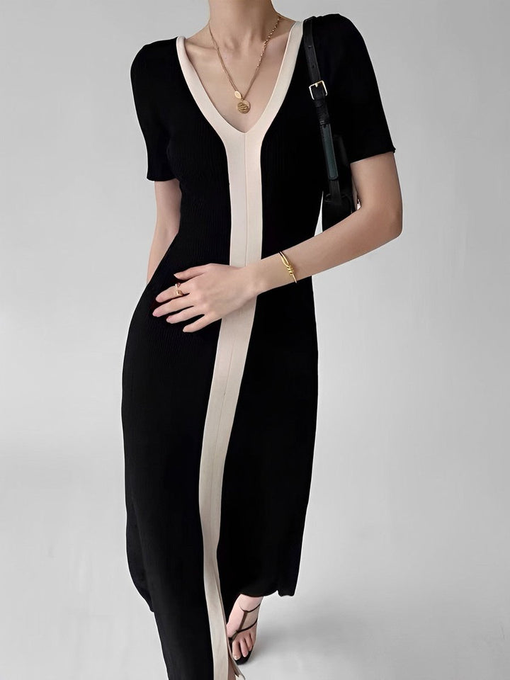 Women's V-Neck Color Block Knit Midi Fall Wedding Guest Dress