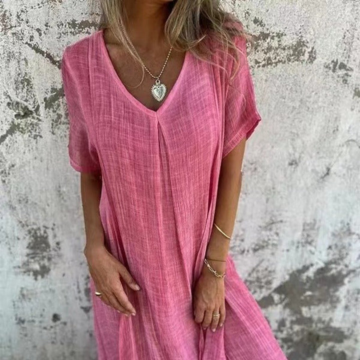 Women's V-Neck Cotton Linen Short Sleeve Fall Midi Dress