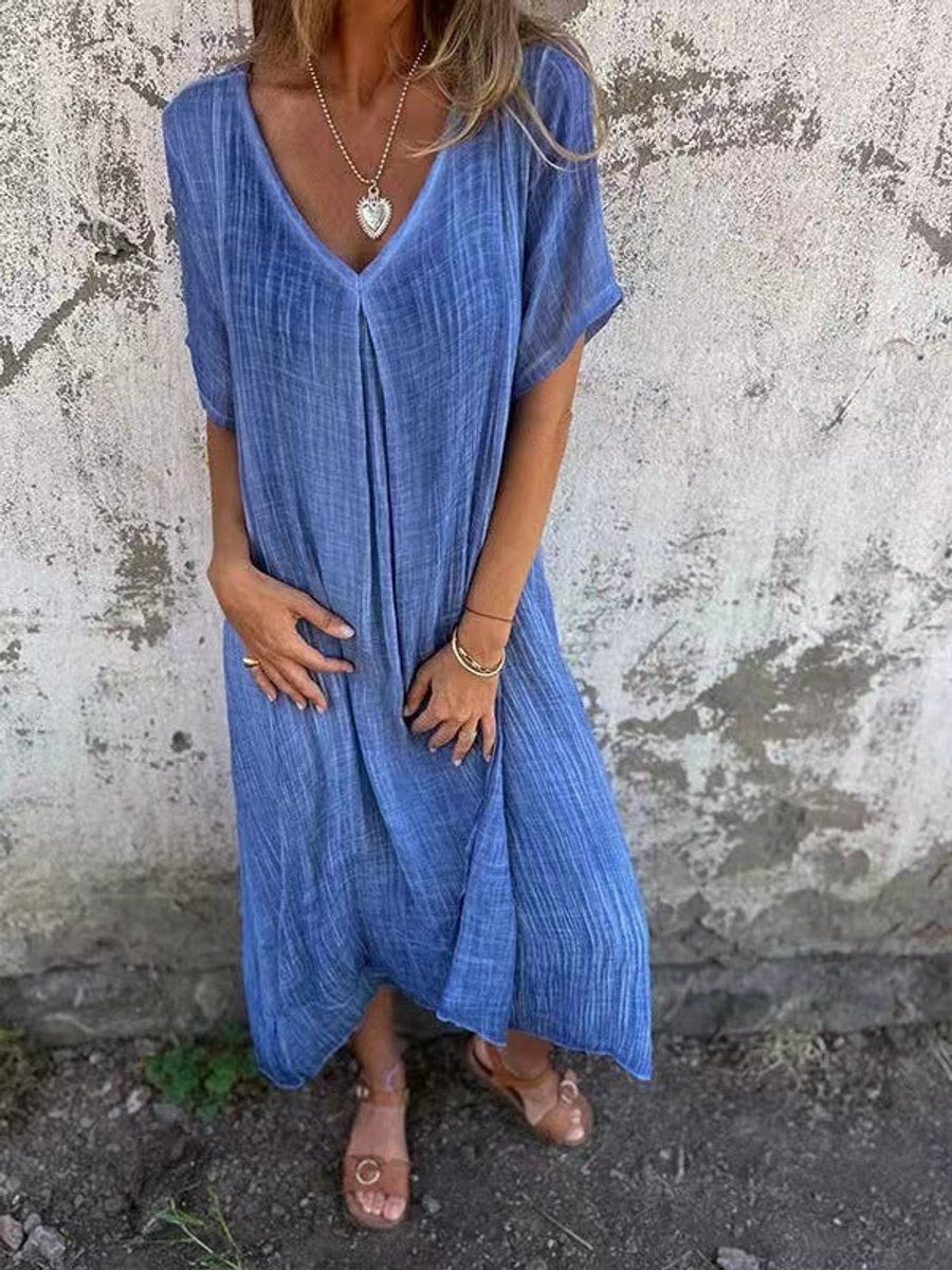 Women's V-Neck Cotton Linen Short Sleeve Fall Midi Dress