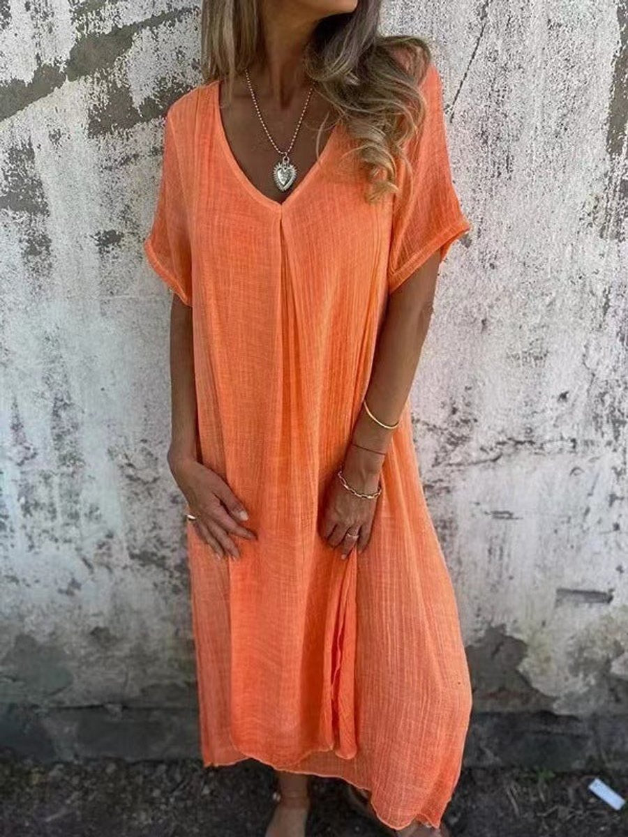 Women's V-Neck Cotton Linen Short Sleeve Fall Midi Dress