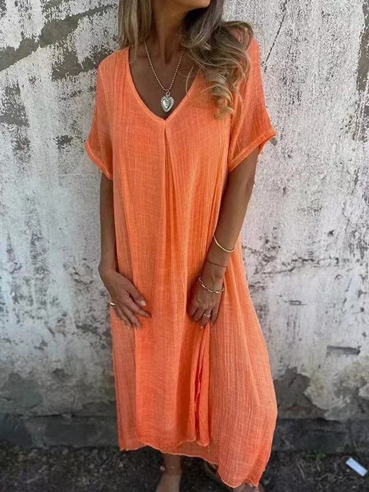 Women's V-Neck Cotton Linen Short Sleeve Fall Midi Dress