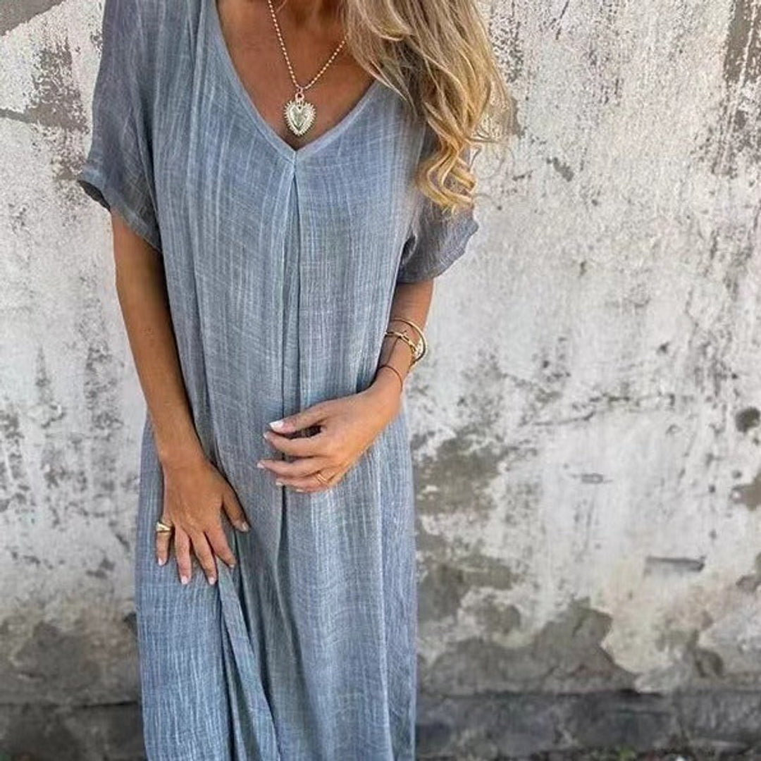 Women's V-Neck Cotton Linen Short Sleeve Fall Midi Dress