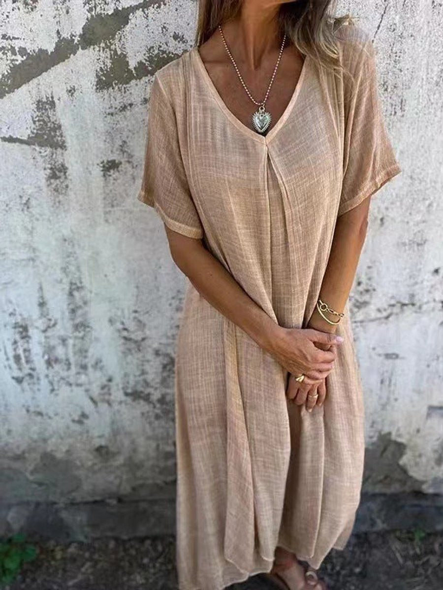 Women's V-Neck Cotton Linen Short Sleeve Fall Midi Dress