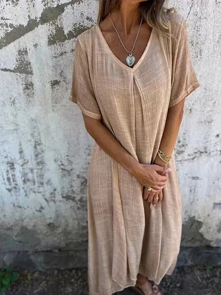 Women's V-Neck Cotton Linen Short Sleeve Fall Midi Dress