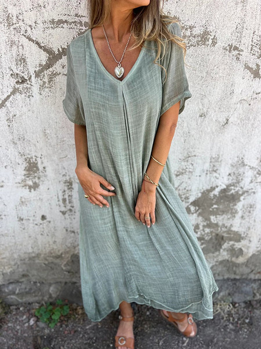 Women's V-Neck Cotton Linen Short Sleeve Fall Midi Dress