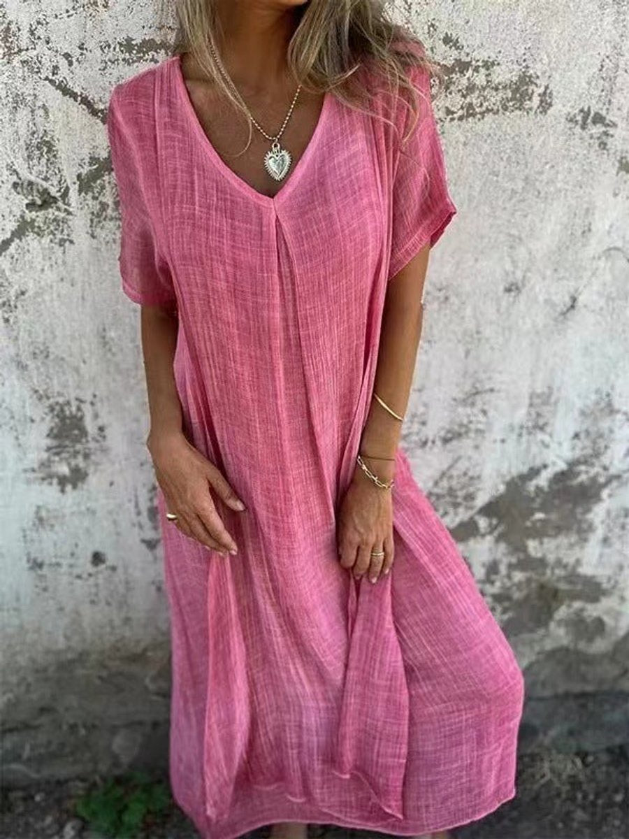 Women's V-Neck Cotton Linen Short Sleeve Fall Midi Dress