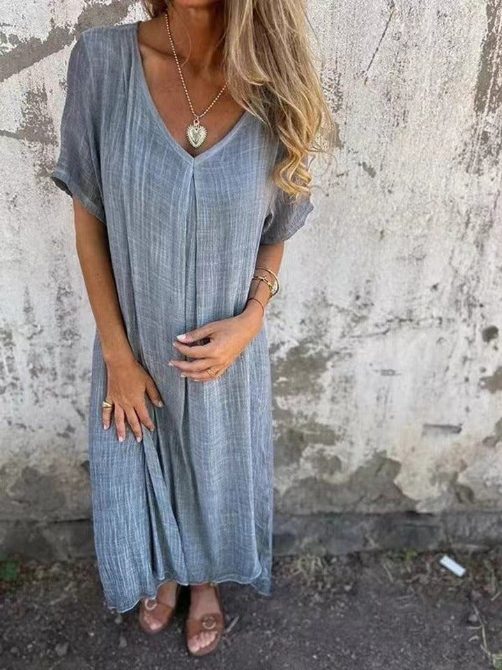 Women's V-Neck Cotton Linen Short Sleeve Fall Midi Dress