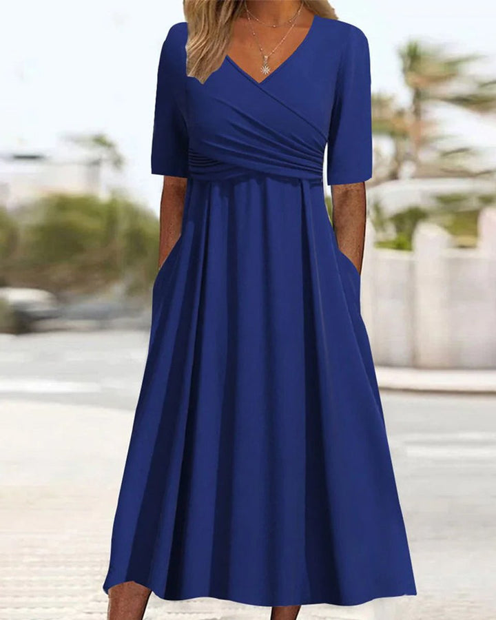 Women's V-Neck Crossover A-Line Fall Midi Dress Pockets