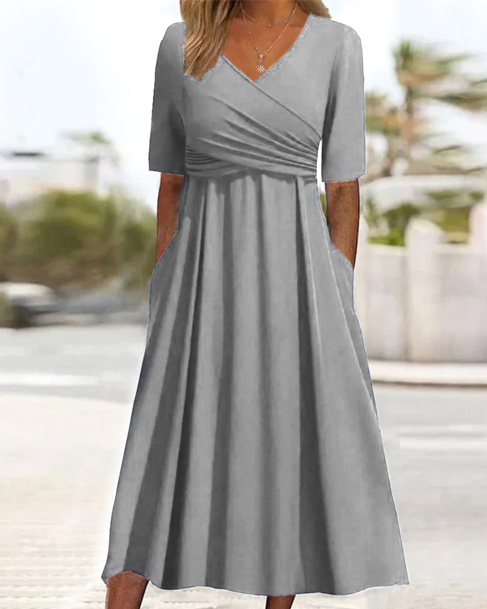 Women's V-Neck Crossover A-Line Fall Midi Dress Pockets