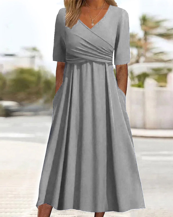 Women's V-Neck Crossover A-Line Fall Midi Dress Pockets