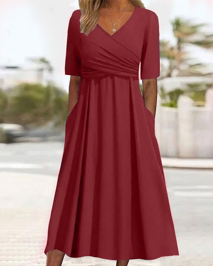 Women's V-Neck Crossover A-Line Fall Midi Dress Pockets