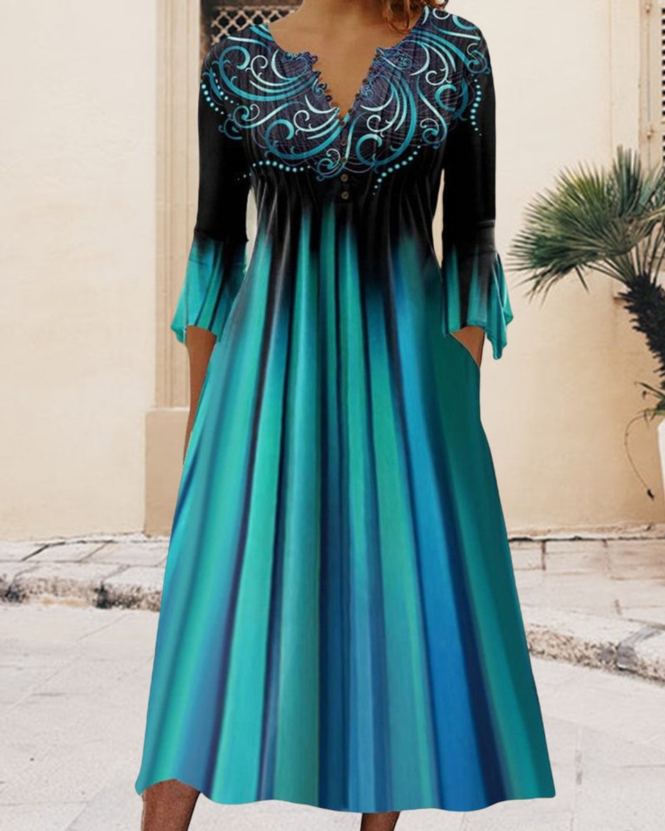 Women's V-Neck Flared-Sleeve A-Line Fall Midi Dress
