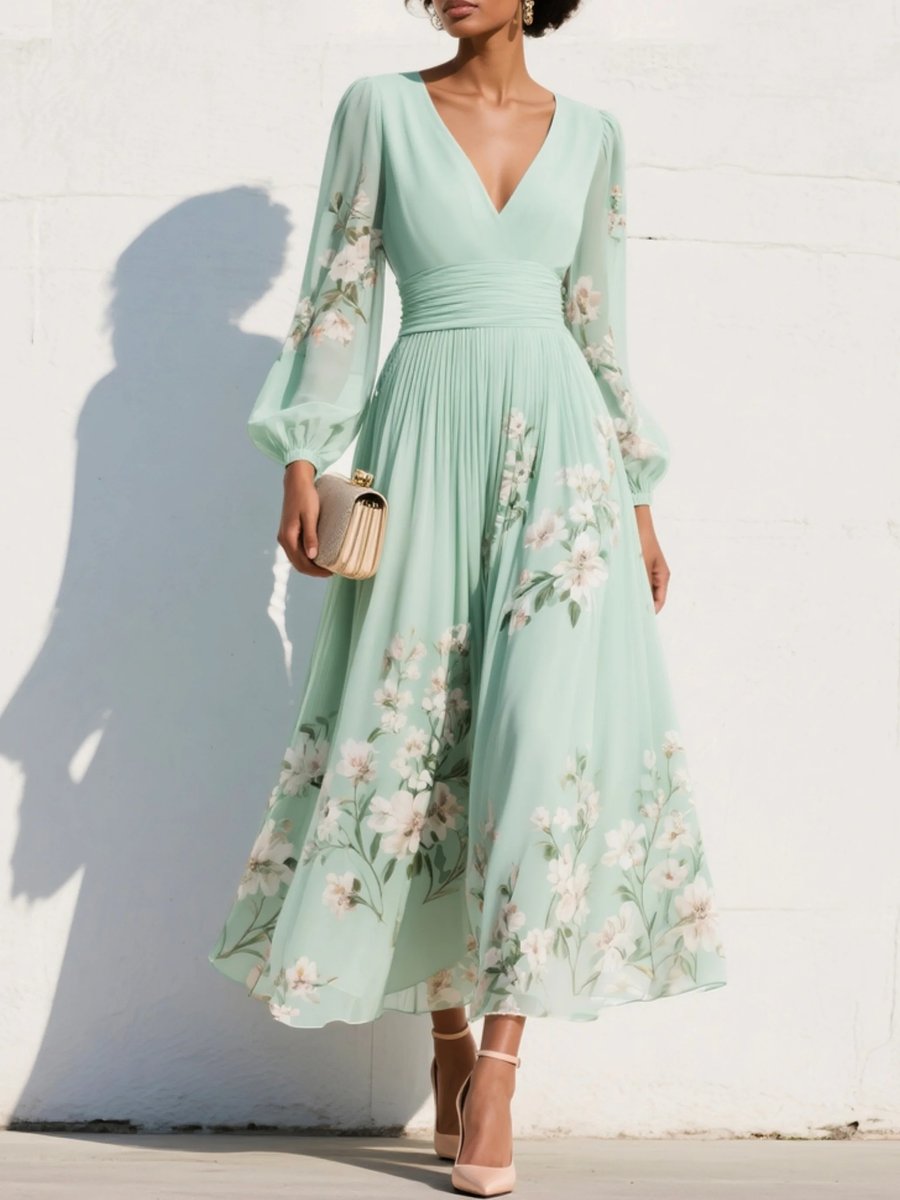 Women's V-Neck Floral Chiffon Pleated Midi Formal Dress