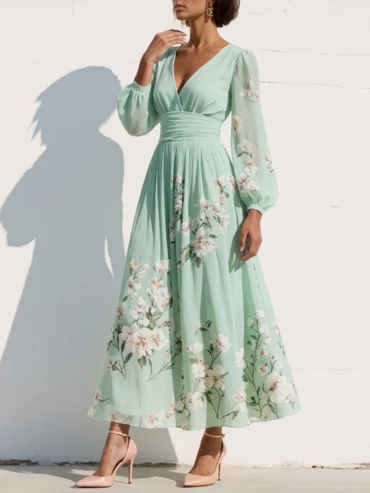 Women's V-Neck Floral Chiffon Pleated Midi Formal Dress