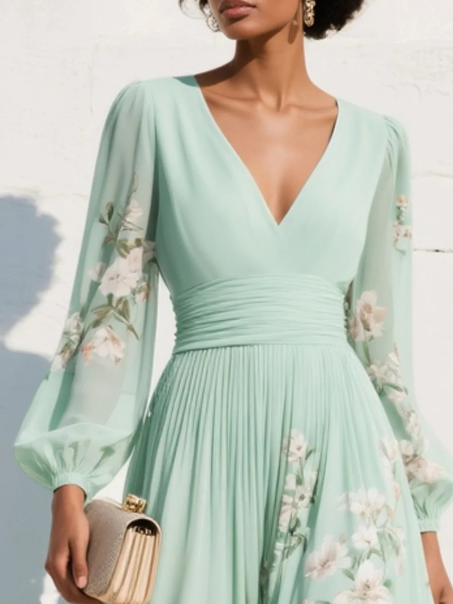 Women's V-Neck Floral Chiffon Pleated Midi Formal Dress