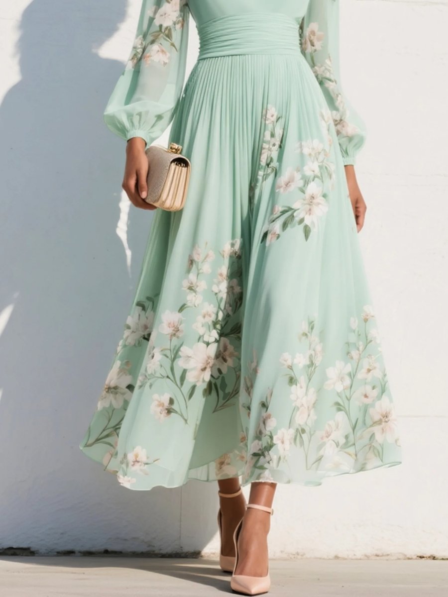 Women's V-Neck Floral Chiffon Pleated Midi Formal Dress
