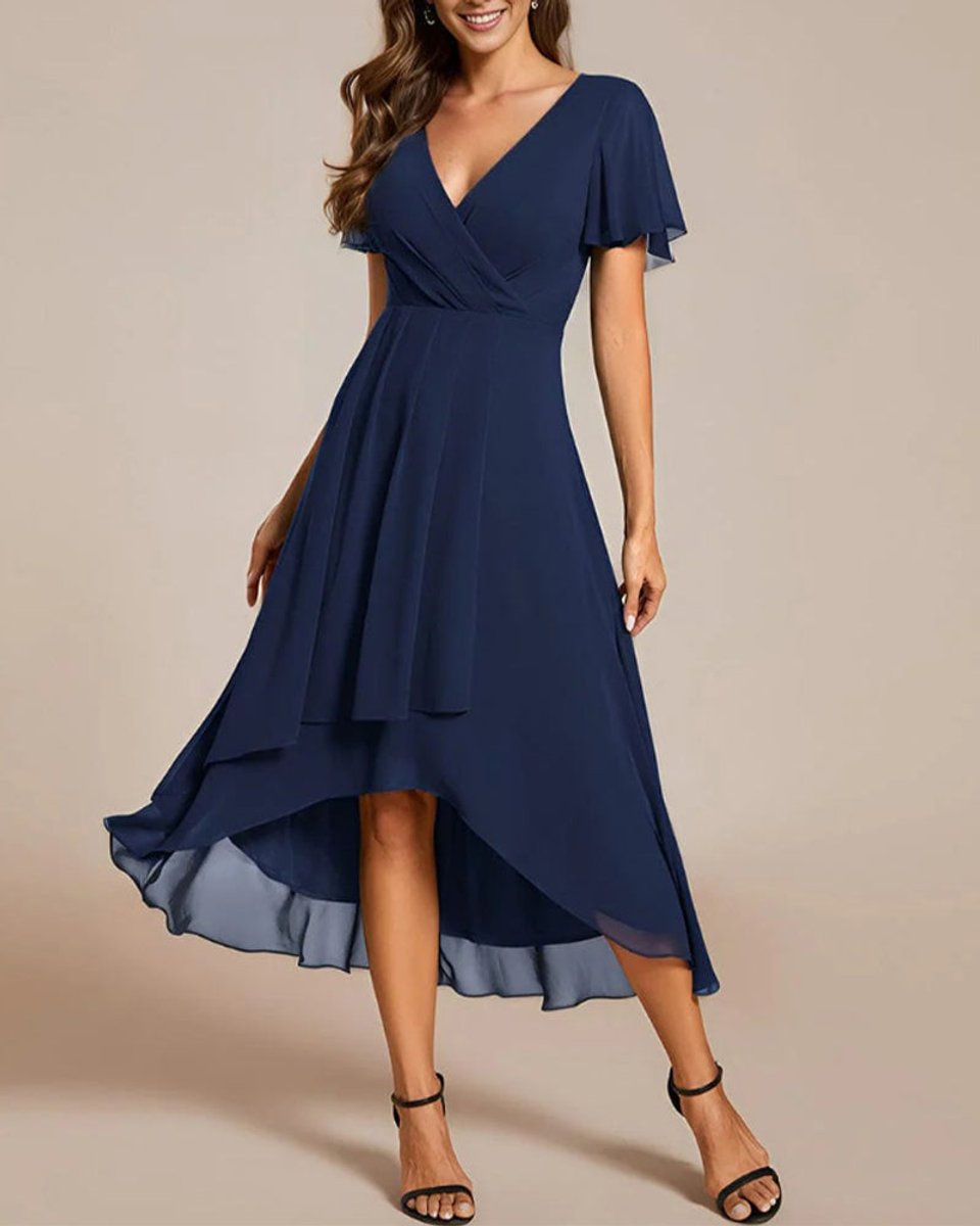 Women's V-Neck Flutter Sleeve Chiffon Fall Midi Dress High Low Hem