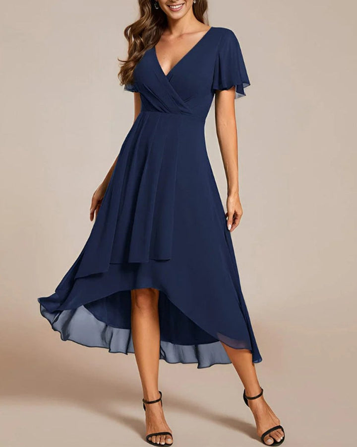 Women's V-Neck Flutter Sleeve Chiffon Fall Midi Dress High Low Hem