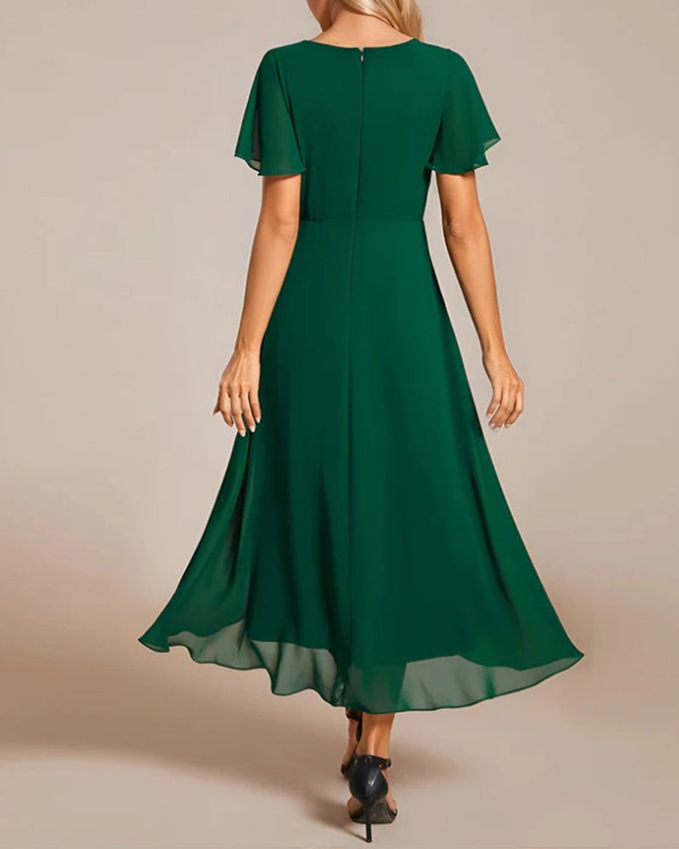 Women's V-Neck Flutter Sleeve Chiffon Fall Midi Dress High Low Hem
