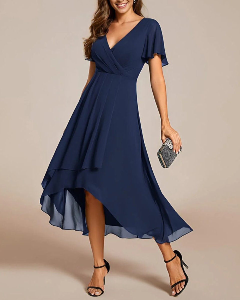 Women's V-Neck Flutter Sleeve Chiffon Fall Midi Dress High Low Hem