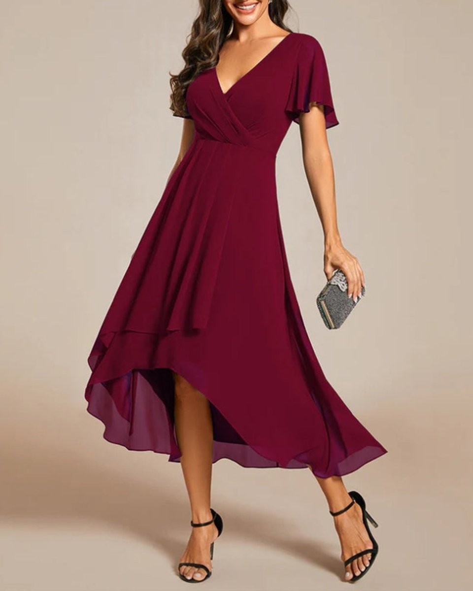 Women's V-Neck Flutter Sleeve Chiffon Fall Midi Dress High Low Hem