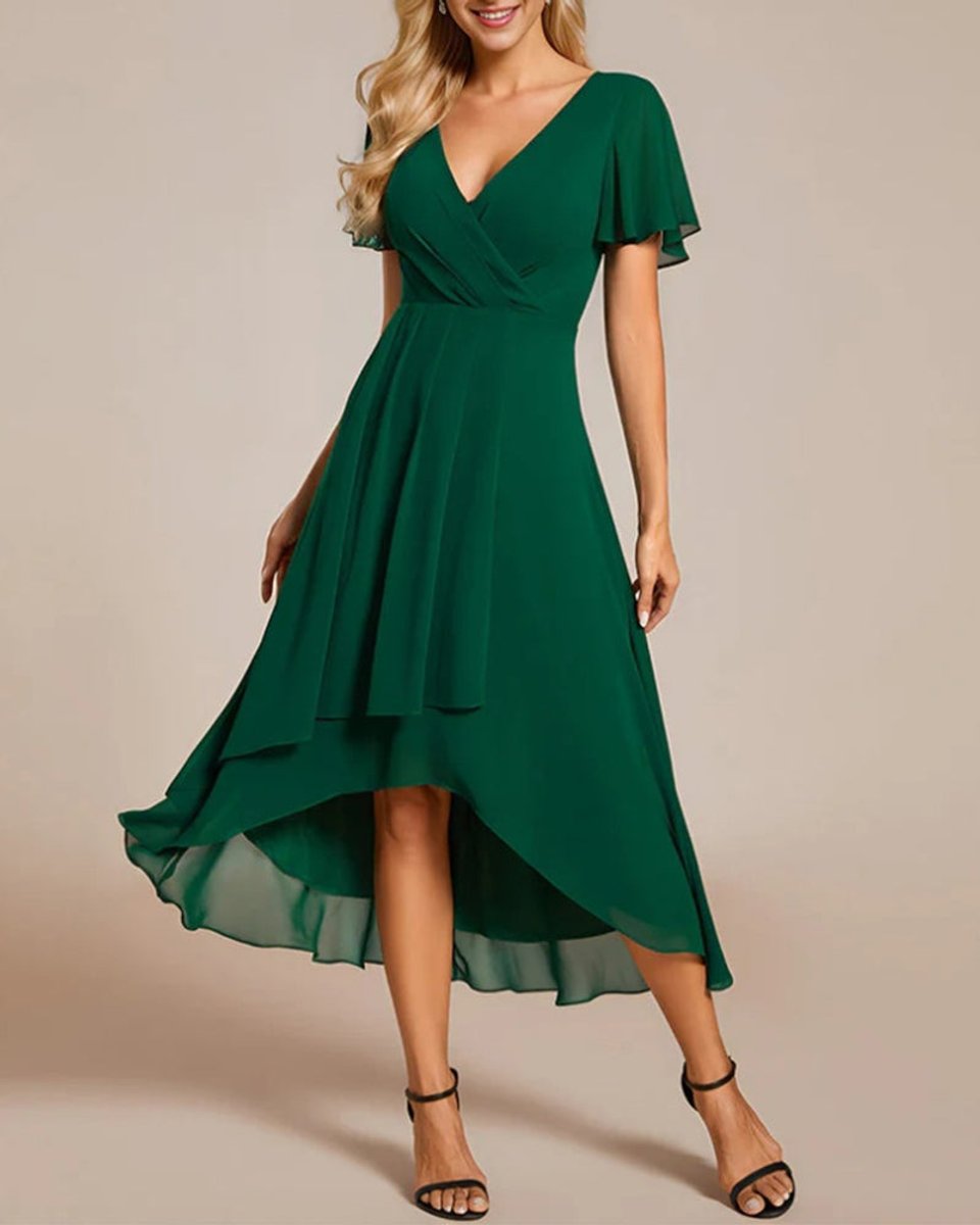 Women's V-Neck Flutter Sleeve Chiffon Fall Midi Dress High Low Hem