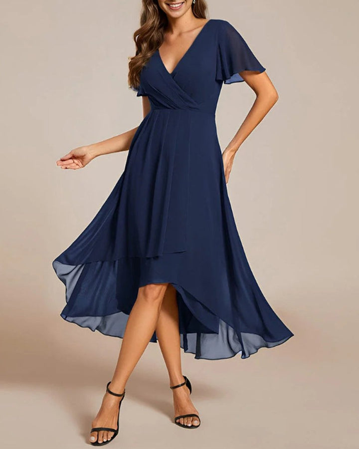 Women's V-Neck Flutter Sleeve Chiffon Fall Midi Dress High Low Hem