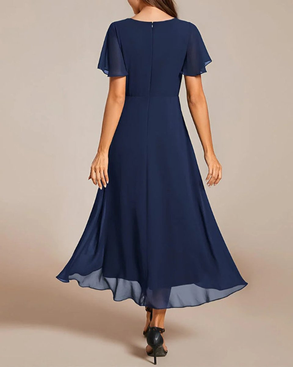 Women's V-Neck Flutter Sleeve Chiffon Fall Midi Dress High Low Hem