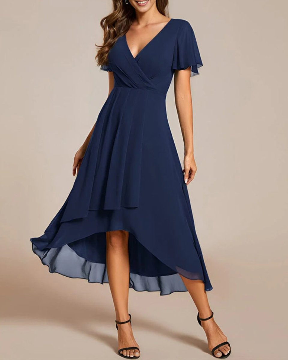 Women's V-Neck Flutter Sleeve Chiffon Fall Midi Dress High Low Hem