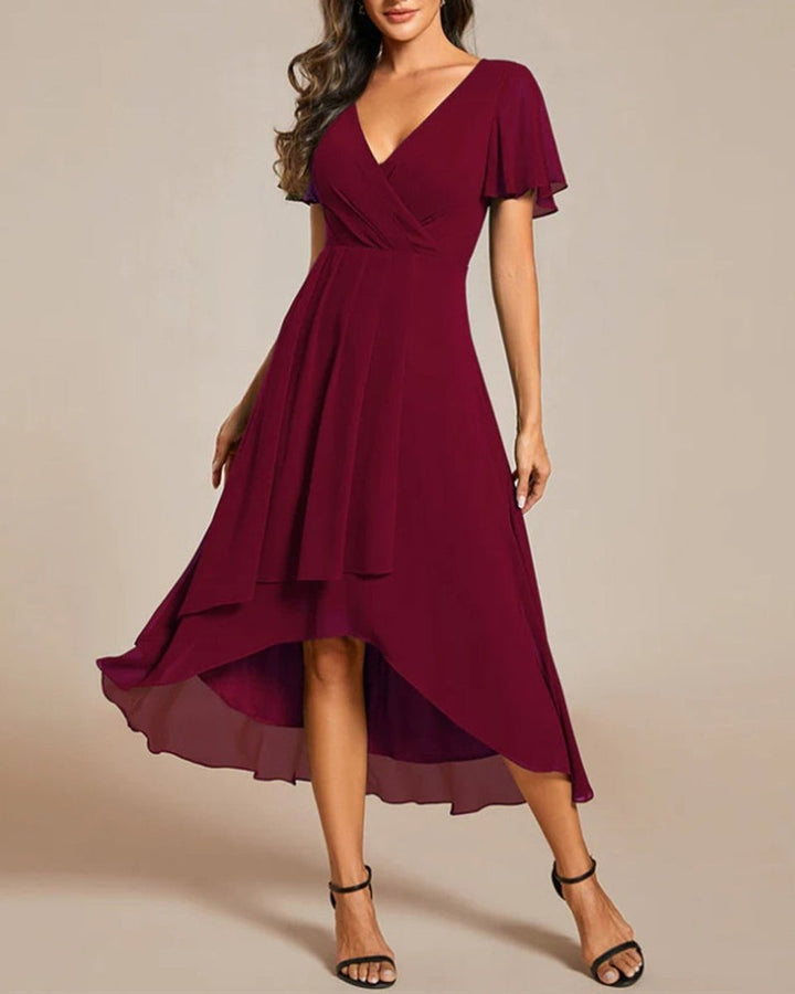 Women's V-Neck Flutter Sleeve Chiffon Fall Midi Dress High Low Hem