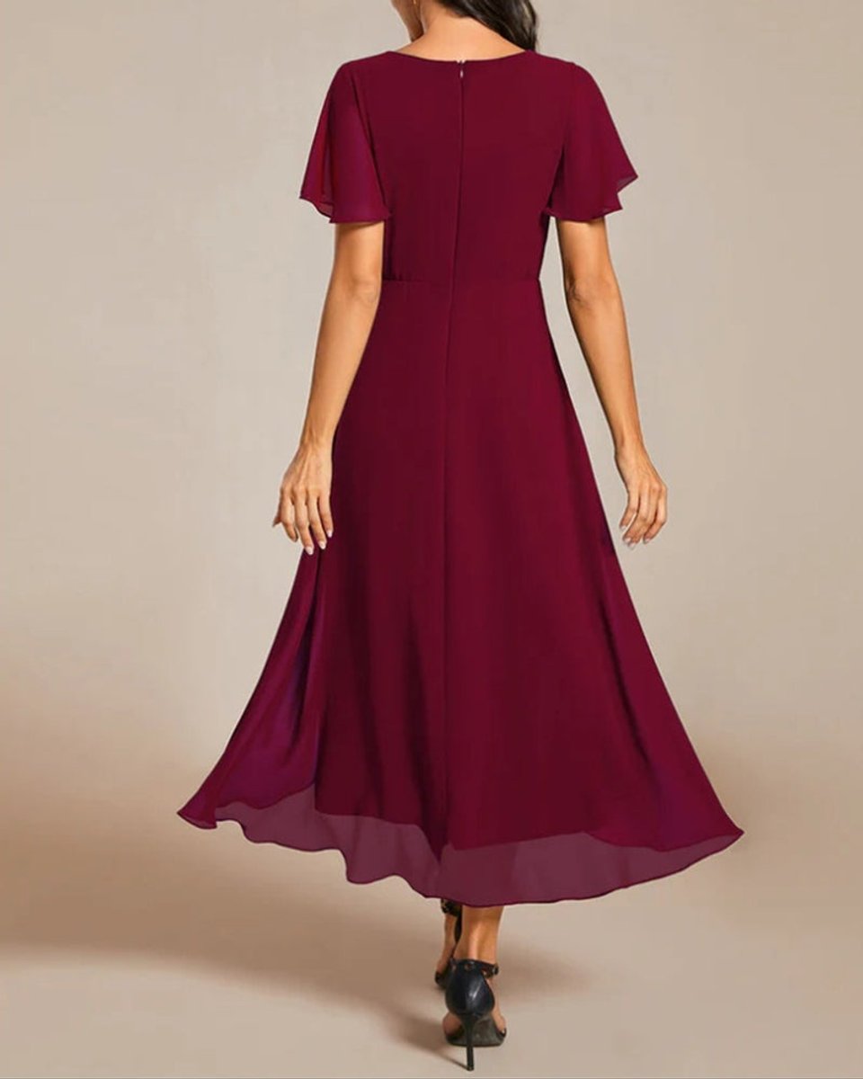 Women's V-Neck Flutter Sleeve Chiffon Fall Midi Dress High Low Hem