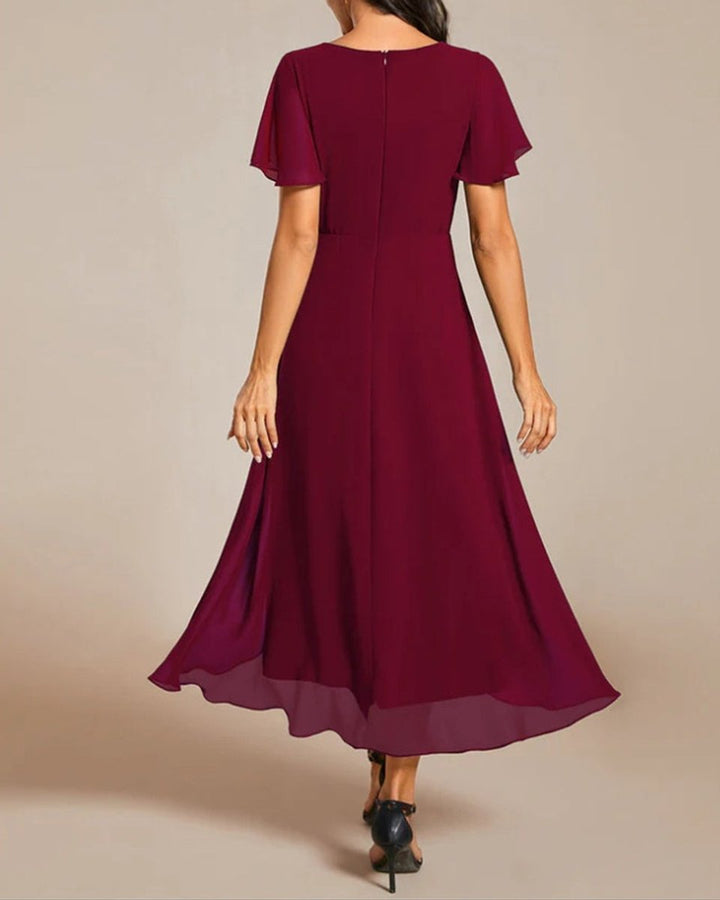 Women's V-Neck Flutter Sleeve Chiffon Fall Midi Dress High Low Hem