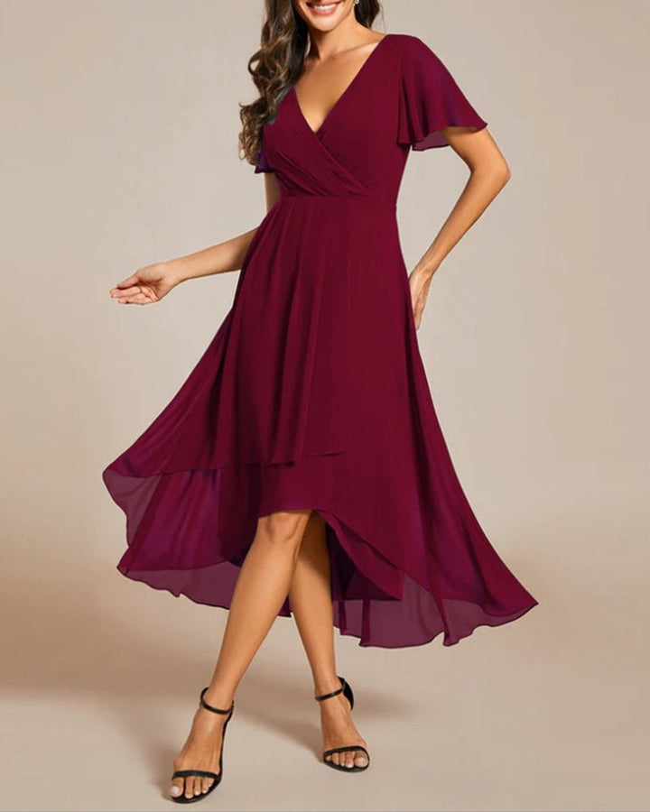 Women's V-Neck Flutter Sleeve Chiffon Fall Midi Dress High Low Hem
