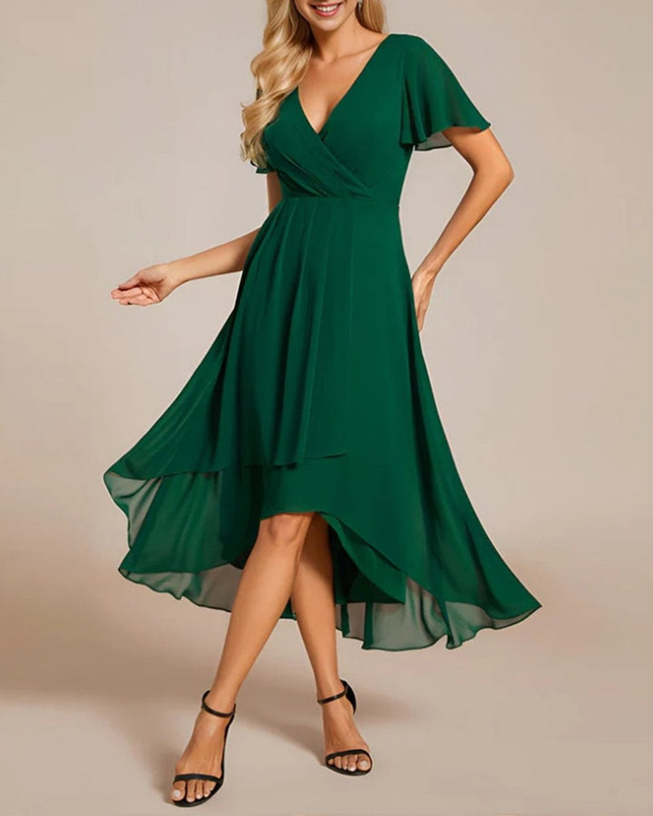 Women's V-Neck Flutter Sleeve Chiffon Fall Midi Dress High Low Hem