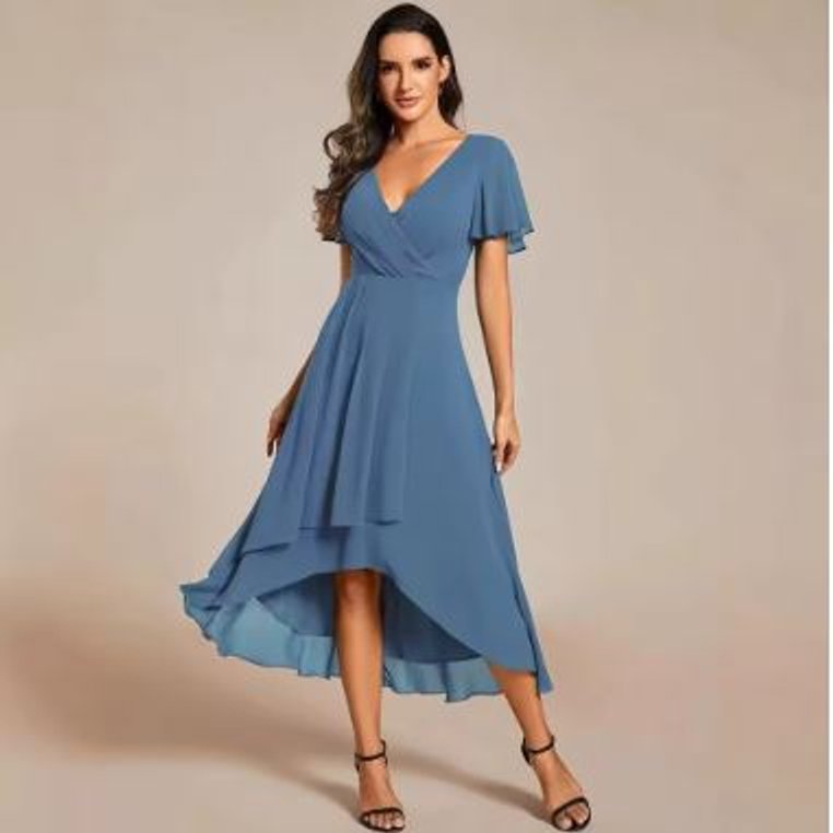 Women's V-Neck Flutter Sleeve Hi-Low Fall Midi Dress