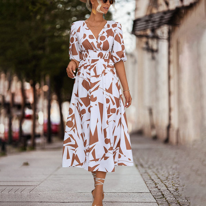 Women's V-Neck Geometric Print Fall Midi Dress Elastic Waist