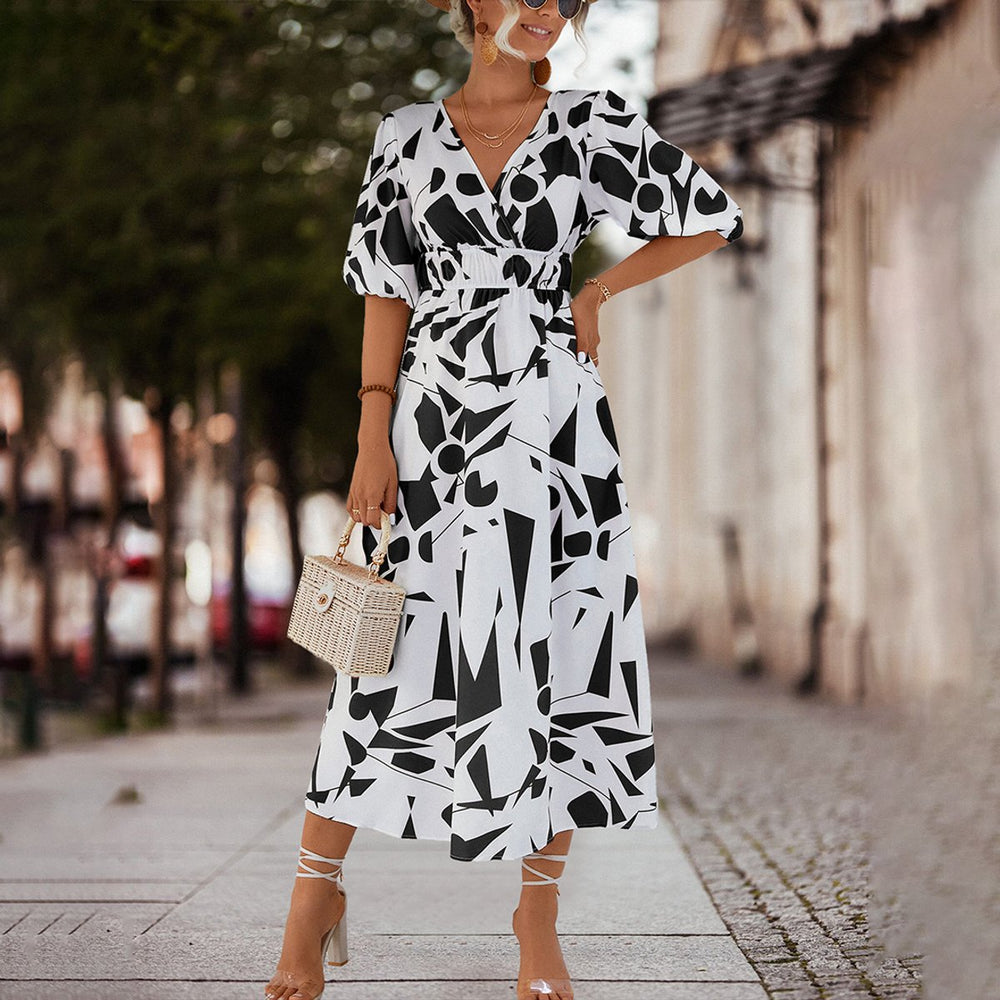 Women's V-Neck Geometric Print Fall Midi Dress Elastic Waist