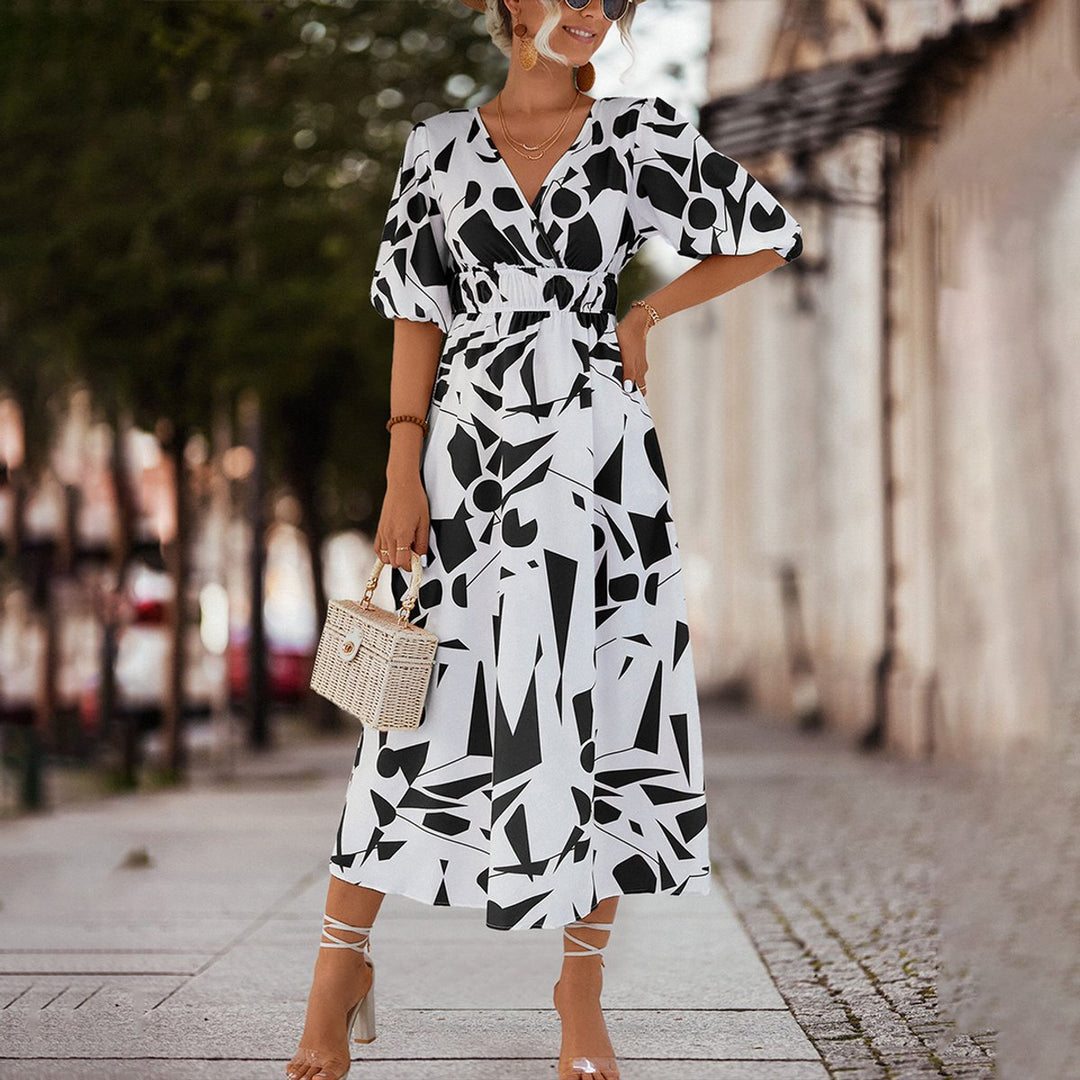 Women's V-Neck Geometric Print Fall Midi Dress Elastic Waist