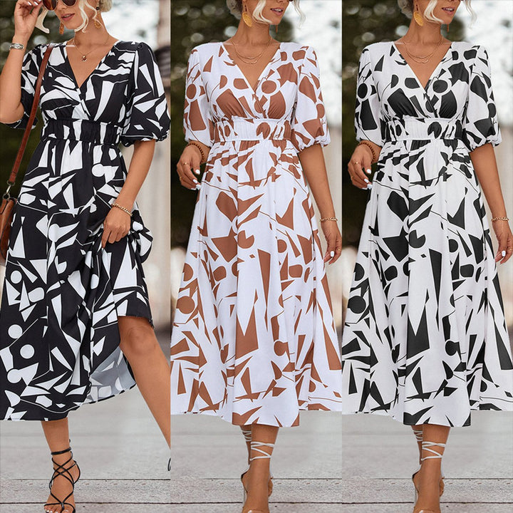 Women's V-Neck Geometric Print Fall Midi Dress Elastic Waist