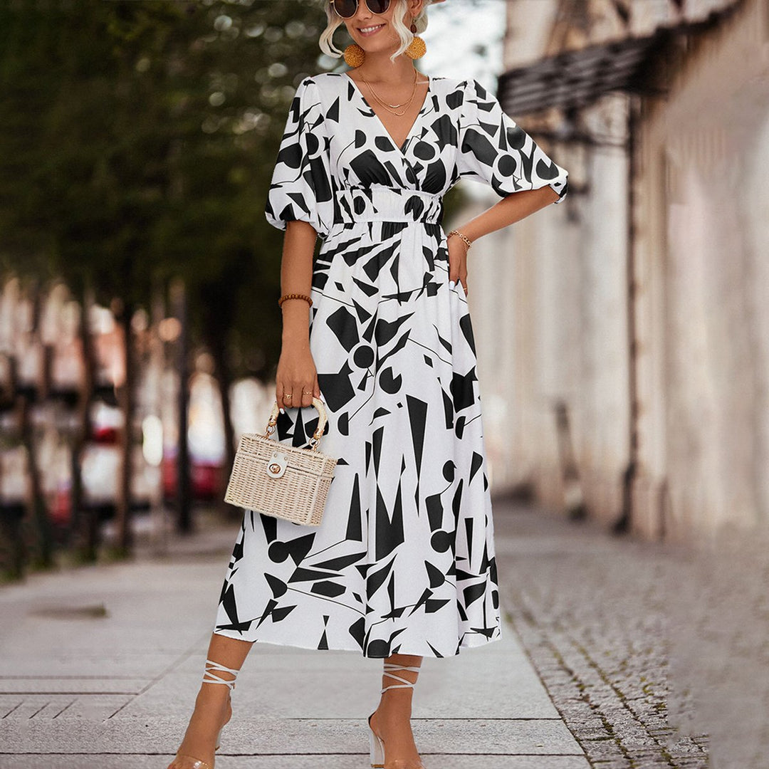 Women's V-Neck Geometric Print Fall Midi Dress Elastic Waist