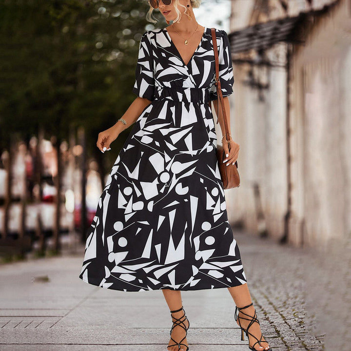 Women's V-Neck Geometric Print Fall Midi Dress Elastic Waist