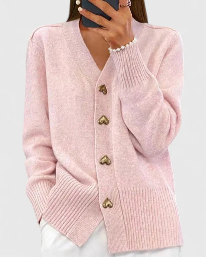 Women's V-Neck Gold Heart-Button Knit Cardigan