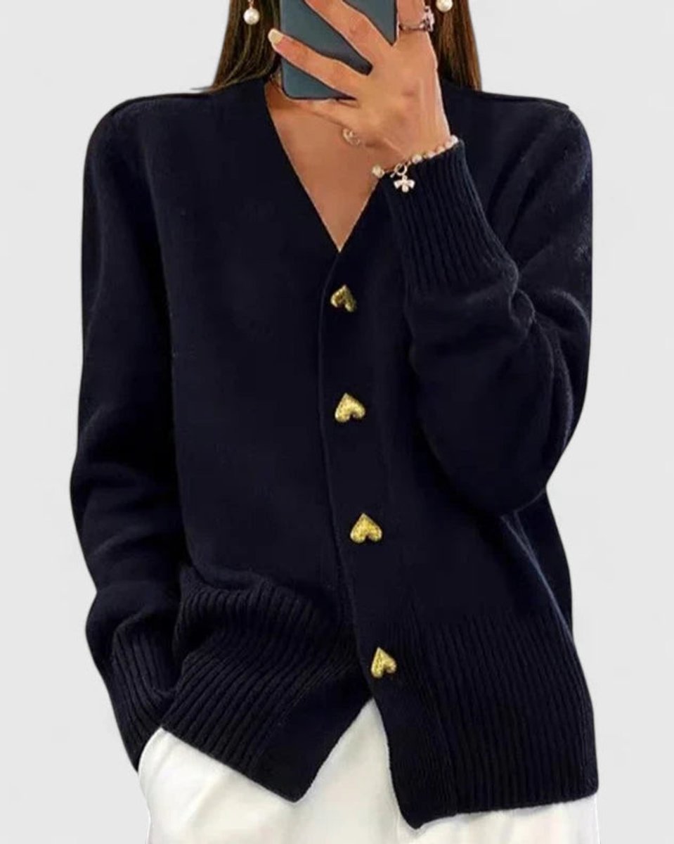 Women's V-Neck Gold Heart-Button Knit Cardigan