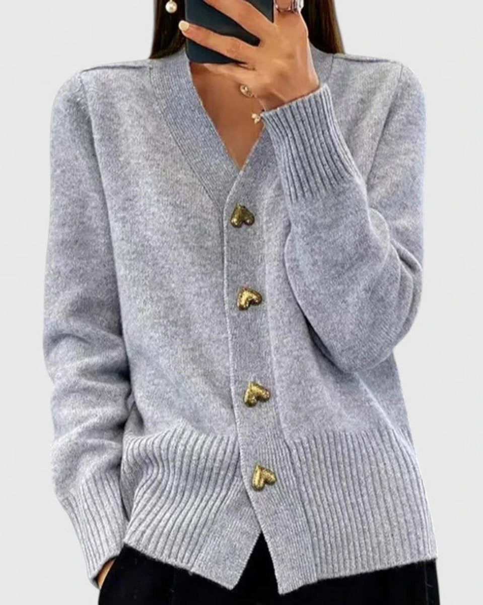 Women's V-Neck Gold Heart-Button Knit Cardigan