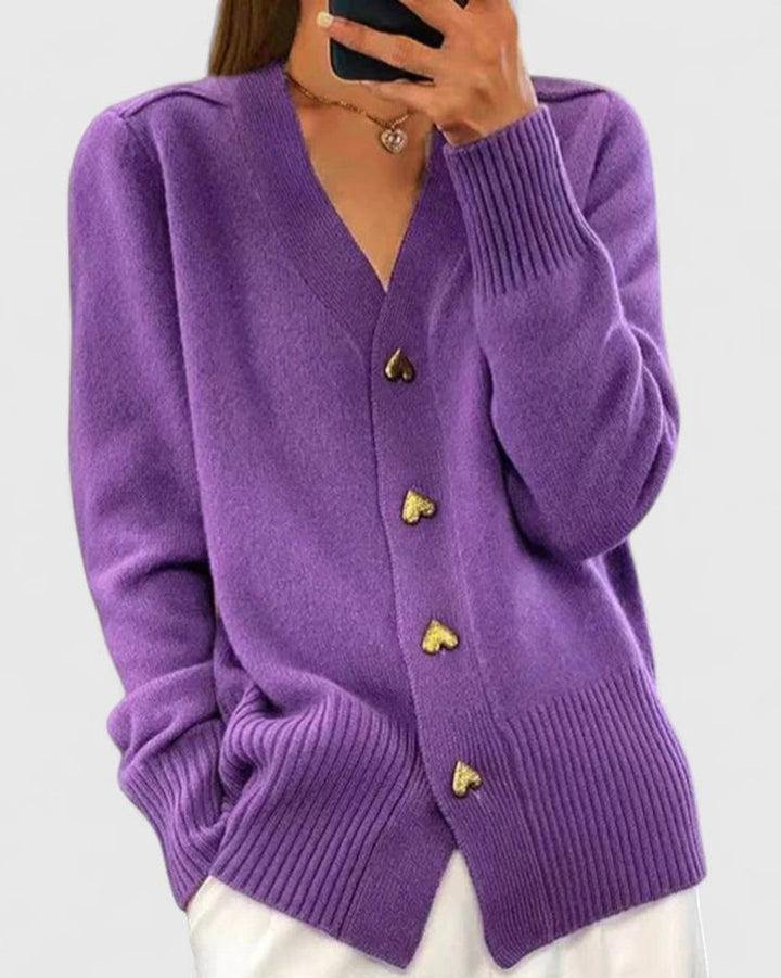 Women's V-Neck Gold Heart-Button Knit Cardigan